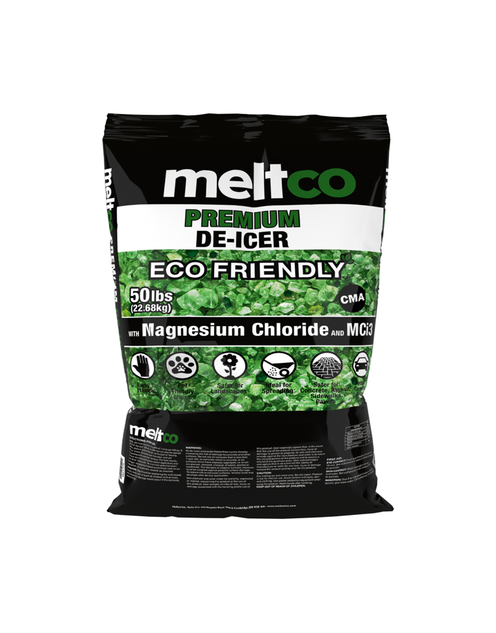 Commercial bags of MeltCo Premium Granular Ice Melt staged for bulk business delivery