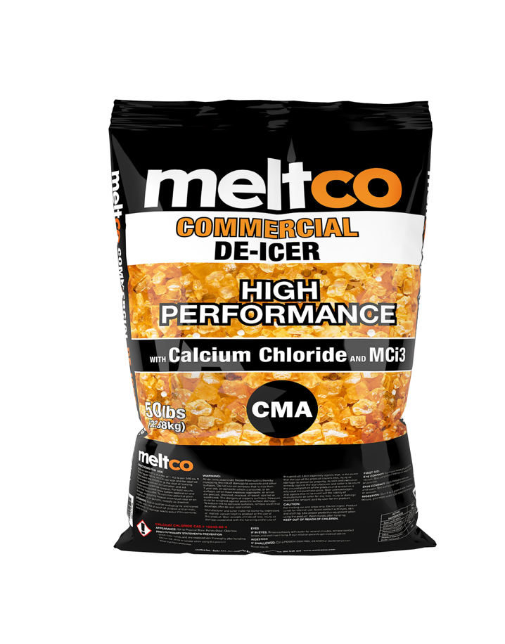 Granular ice melt bags stacked for commercial and municipal snow removal use